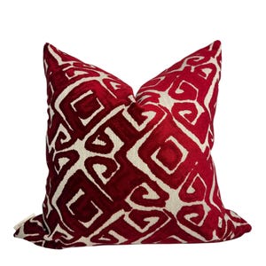 Chartreuse Red Designer Cut Velvet Throw Pillow Cover, Red Velvet Geometric Pillow, Abstract Velvet Pillow, Tribal Inspired Velvet Pillow