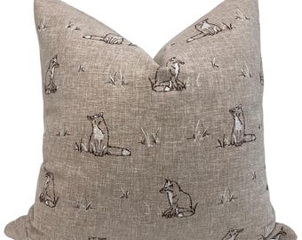 Fox Embroidered Pillow Cover, Rustic Woodland Cushion