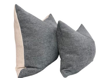Handmade White & Blue Linen Pillow Cover, Minimalist Farmhouse Cushion