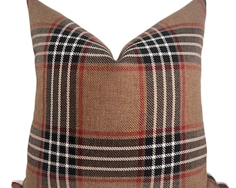 Klassieke geruite kussensloop, bruin en rood decoratief kussen, vintage-geïnspireerde geruite kussensloop, sierkussenhoes bruine tartan,