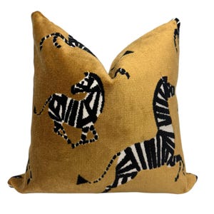 Dancing Zebra Gold Velvet Pillow Cover, Exotic Animal Print Pillow Cover, Safari Decor Velvet Pillow, Yellow and Black Zebra Cushion