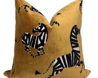 Dancing Zebra Gold Velvet Pillow Cover, Exotic Animal Print Pillow Cover, Safari Decor Velvet Pillow, Yellow and Black Zebra Cushion