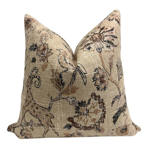 Vintage Floral Pillow Cover, Rustic Animal Print Cushion, Boho Decor, Neutral Tapestry Pillow, Antique-Inspired Cushion,Woodland Home Accent