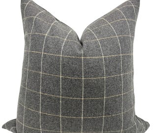 Funda de almohada de lana a cuadros grises, cojín de estilo rústico moderno