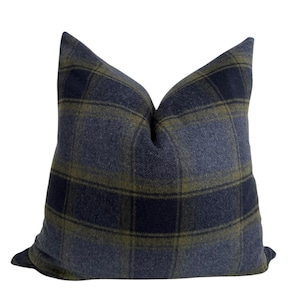 Blue Plaid Pillow Cover: Wool-Look Fabric with Rust, Blue, Olive Tones image 1