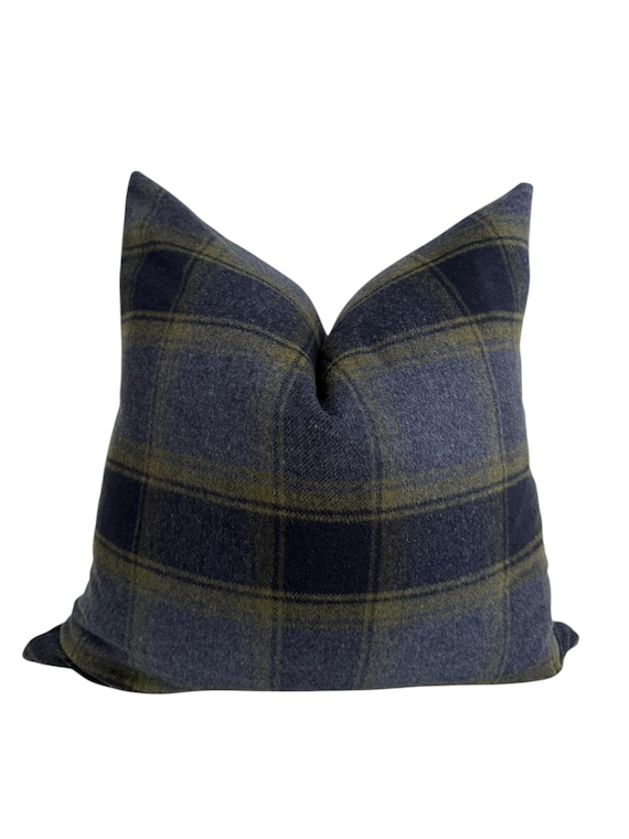 Blue Plaid Pillow Cover: Wool-Look Fabric with Rust, Blue, Olive Tones