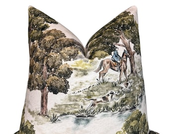 Equestrian Tapestry Pillow Cover | Vintage Horse & Hound Hunting Scene