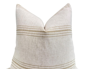 Handmade Woven Pillow Cover: Neutral Beige Stripe Farmhouse Cushion