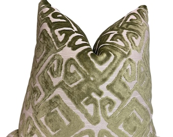 Chartreuse Green Designer Cut Velvet Throw Pillow Cover Green Velvet Geometric Pillow, Abstract Velvet Pillow, tribal Inspired velvet Pillow