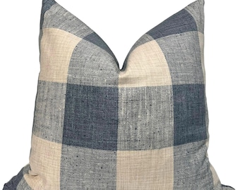 Blue Beige Plaid Pillow Cover, Farmhouse Rustic Checkered Throw Pillow