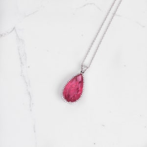 Pear Cabochon Rubellite and Diamond Pendant in 14k White Gold