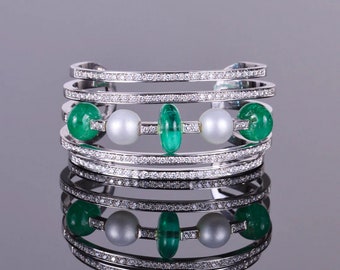 Pearl, Emerald, and Diamond Cuff Bracelet