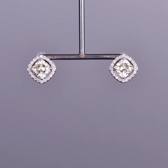 Cushion Cut Diamond Studs Earrings with Diamond H… - image 1