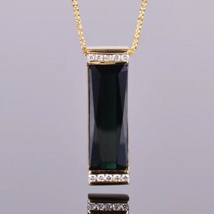 Elongated Green Tourmaline and Diamond Pendant Necklace