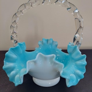 Stunning Turquoise and White Clear Woven Handle Basket with Ruffled Edge. Measures approximately  6&quot;H x 6&quot;W.