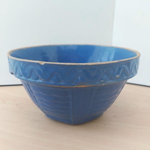 May include: A blue ceramic mixing bowl with a decorative wavy pattern around the rim and vertical lines on the sides. The bowl has a wide opening and a rounded base. The interior is a lighter shade of blue.