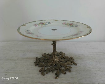 Raro piatto floreale vintage Sango China da 7,5 pollici con supporto in metallo decorato - Giappone occupato.