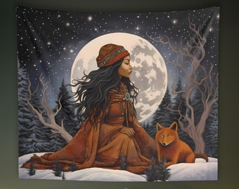 Snowy Forest Goddess Wall Tapestry: Witchy Nature Aesthetic, Sizes 36x26in - 104x88in, Witch Wall Art