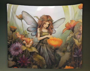 Flower Fairy Wall Tapestry: Watercolor Nature Aesthetic, Sizes 36x26in - 104x88in, Fairy Wall Art