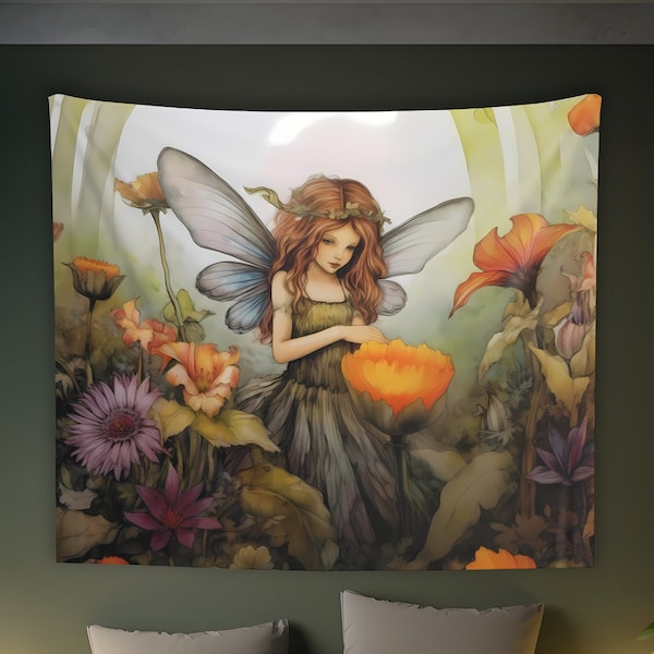 Flower Fairy Wall Tapestry: Watercolor Nature Aesthetic, Sizes 36x26in - 104x88in, Fairy Wall Art