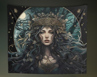 Lunar Forest Goddess Wall Tapestry: Witchy Nature Aesthetic, Sizes 36x26in - 104x88in, Witch Wall Art