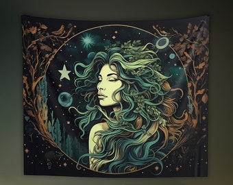 Forest Goddess Wall Tapestry: Witchy Nature Aesthetic, Sizes 36x26in - 104x88in, Witch Wall Art