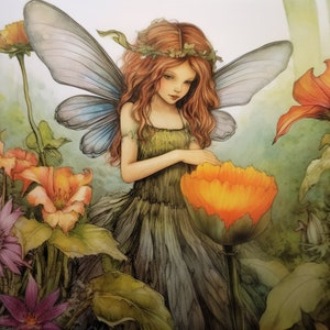 May include: A fairy with blue wings and a green dress stands in a field of flowers. She is holding a large orange flower in her hands. The flowers are a variety of colors, including orange, yellow, purple, and pink.