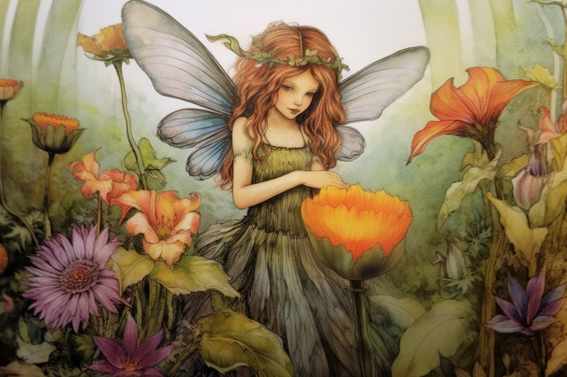 May include: A fairy with blue wings and a green dress stands in a field of flowers. She is holding a large orange flower in her hands. The flowers are a variety of colors, including orange, yellow, purple, and pink.