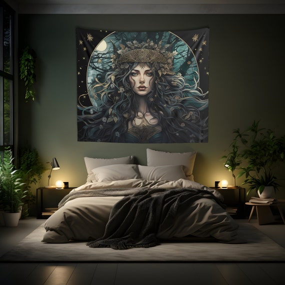 Lunar Forest Goddess Wall Tapestry: Witchy Nature Aesthetic, Sizes 36x26in - 104x88in, Witch Wall Art