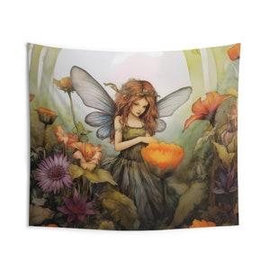 Flower Fairy Wall Tapestry: Watercolor Nature Aesthetic, Sizes 36x26in - 104x88in, Fairy Wall Art image 6