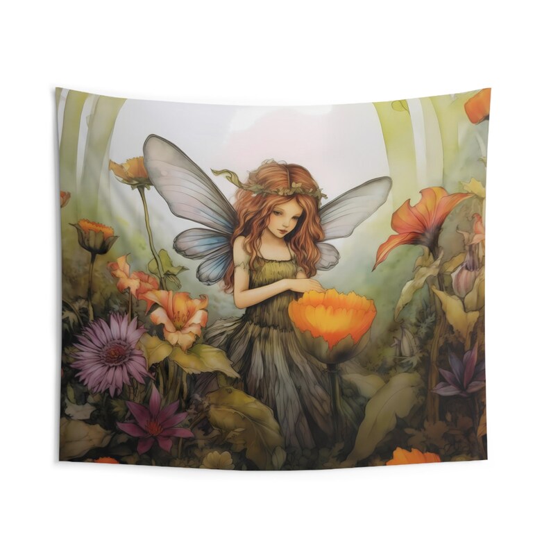 Flower Fairy Wall Tapestry: Watercolor Nature Aesthetic, Sizes 36x26in - 104x88in, Fairy Wall Art image 6