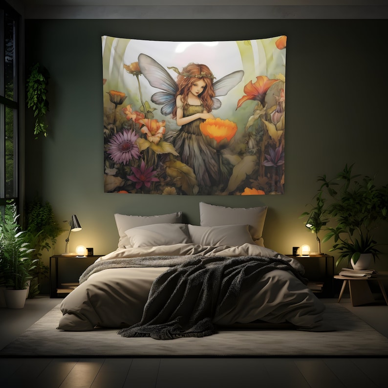 May include: A tapestry featuring a fairy with wings, wearing a green dress and a flower crown, surrounded by flowers in shades of purple, orange, and green.