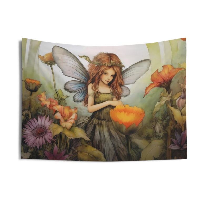 Flower Fairy Wall Tapestry: Watercolor Nature Aesthetic, Sizes 36x26in - 104x88in, Fairy Wall Art image 3