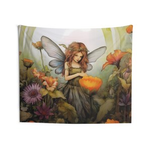 Flower Fairy Wall Tapestry: Watercolor Nature Aesthetic, Sizes 36x26in - 104x88in, Fairy Wall Art image 5