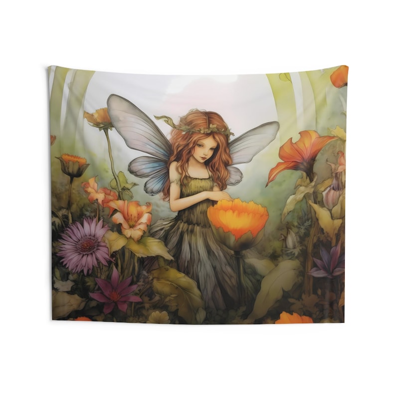 Flower Fairy Wall Tapestry: Watercolor Nature Aesthetic, Sizes 36x26in - 104x88in, Fairy Wall Art image 5