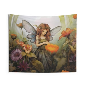 Flower Fairy Wall Tapestry: Watercolor Nature Aesthetic, Sizes 36x26in - 104x88in, Fairy Wall Art image 4