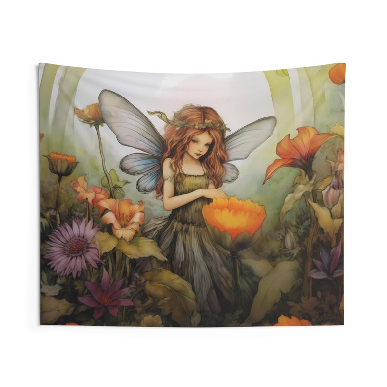 Flower Fairy Wall Tapestry: Watercolor Nature Aesthetic, Sizes 36x26in - 104x88in, Fairy Wall Art image 4