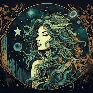 May include: A digital illustration of a woman with long, flowing green hair and leaves in her hair. She is surrounded by a starry night sky with planets and stars. The background is a dark blue with gold accents.