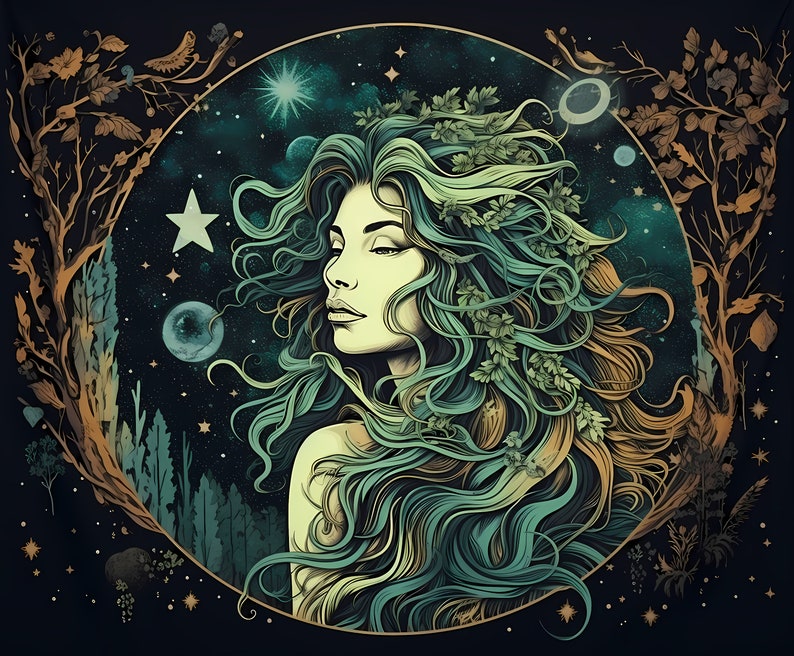 May include: A digital illustration of a woman with long, flowing green hair and leaves in her hair. She is surrounded by a starry night sky with planets and stars. The background is a dark blue with gold accents.
