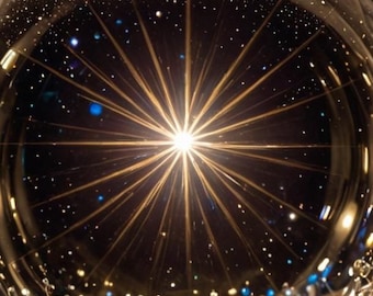 May include: A clear glass sphere with a bright, star-like light source at its center. The sphere is filled with sparkling particles and a splash of blue and gold liquid at the base, creating a cosmic effect against a dark background.
