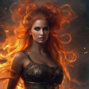Puede incluir: Una mujer con el pelo largo y rojo que fluye lleva un top de armadura de color dorado y negro, con un diseño intrincado, y una falda a juego. El fondo es oscuro con un brillo ardiente.