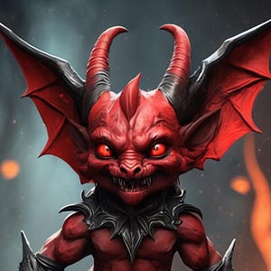 May include: A red demon-like creature with large red wings, horns, and glowing red eyes. It has sharp claws and wears black armour on its arms and neck. The creature is posed on a log, with a fiery background.