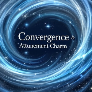 Op de afbeelding: Een abstract digitaal kunstwerk met een donkerblauwe achtergrond en wervelende lichtblauwe en witte lijnen. De tekst "Convergence & Attunement Charm" staat in het wit gecentreerd.