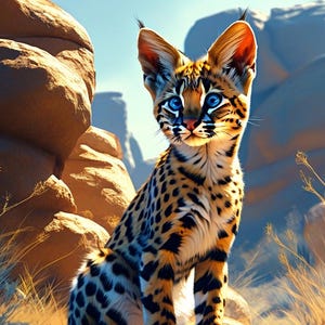 Puede incluir: Imagen digital de un serval con pelaje manchado, sentado sobre una roca. El gato tiene ojos azul brillante y orejas grandes. El fondo presenta rocas y hierba seca bajo un cielo azul claro.