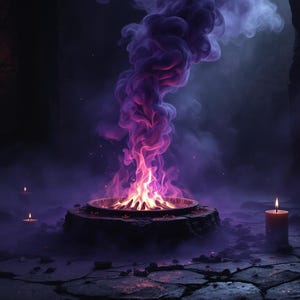 May include: A mystical scene featuring a stone altar with a vibrant fire at its centre, emitting a swirling plume of purple smoke. The ambiance is enhanced by the soft glow of candles, creating an enchanting and mysterious atmosphere. The scene is set in a dark, cavernous space.