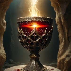 May include: A golden chalice with an ornate design sits on a stone surface. The chalice is filled with a glowing red liquid, and there is a faint glow emanating from the liquid.