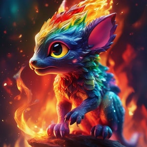 Könnte beinhalten: Ein kleiner, blauer, regenbogenfarbener Drache mit gelben Augen steht auf einem Felsen mit Flammen dahinter.