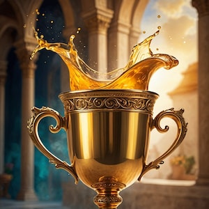Puede incluir: Un trofeo dorado con detalles ornamentados, desbordando de un líquido que parece ser un líquido dorado, como miel o hidromiel. La copa está sobre una mesa de madera con un fondo borroso de una puerta arqueada.