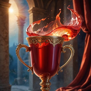 Puede incluir: Un cáliz dorado con detalles ornamentados, lleno de un líquido rojo que salpica fuera de la copa. El líquido parece brillar, creando un efecto dramático.