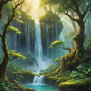 May include: A lush green forest scene with a cascading waterfall flowing into a clear blue stream. Sunlight filters through the trees, illuminating the mossy rocks and foliage.